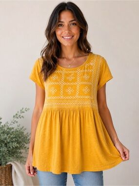 NWT Ella Moss Mustard Embroidered Babydoll Tunic Top Size Large